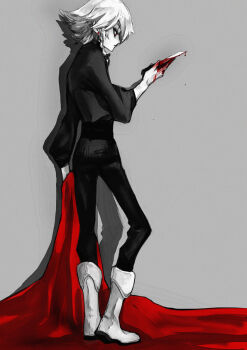 Rule 34 | 1girl, blood, boots, bow, braid, earrings, female focus, hair bow, izayoi sakuya, jewelry, knife, pants, profile, red eyes, short hair, solo, embodiment of scarlet devil, throwing knife, tima, touhou, weapon, white hair