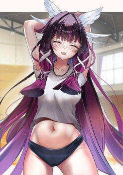 1girl absurdres black_buruma breasts buruma closed_eyes columbina_(genshin_impact) commentary_request cowboy_shot eitei_(20041204) eye_mask genshin_impact gym_uniform hair_wings highres indoors long_hair mask medium_breasts midriff navel open_mouth purple_hair shirt smile solo thighs very_long_hair white_shirt white_wings wings