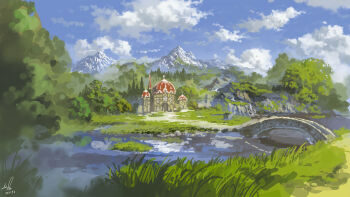 blue_sky bridge building cloud cloudy_sky forest grass highres hill home_nobi mountain nature no_humans original palace path pine_tree river riverbank road scenery sky tree