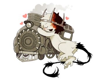 1boy animal_feet black_tail blush body_fur chibi chibi_only closed_eyes commentary crown cuddling ember_(jejejunum) english_commentary full_body heart hellmouth_(jejejunum) highres jejejunum locomotive monster_boy multicolored_hair open_mouth original rust simple_background smile split-color_hair train white_background