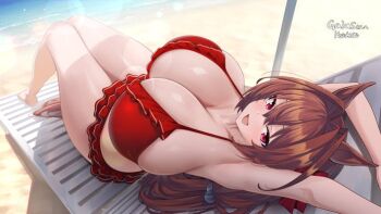 1girl :d animal_ears armpits arms_up beach bikini bow breasts brown_hair chair commentary commission daiwa_scarlet_(mini_vacation)_(umamusume) daiwa_scarlet_(umamusume) day english_commentary hair_between_eyes hair_ornament hair_scrunchie herohero_(higashi_no_dou) horse_ears horse_girl horse_tail huge_breasts lens_flare long_hair looking_at_viewer lounge_chair low-tied_long_hair lying on_back open_mouth outdoors reclining red_bikini red_bow red_eyes scrunchie skeb_commission smile solo swimsuit tail umamusume very_long_hair