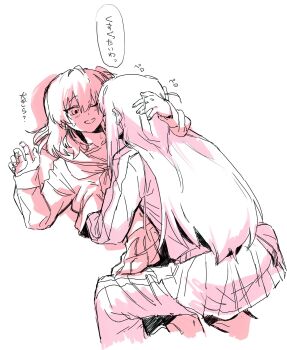 2girls blush bocchi_the_rock! covered_face cropped_legs ear_blush girl_on_top gotoh_hitori hand_in_another&#039;s_hair hand_on_another&#039;s_head hand_under_clothes hand_under_shirt highres jacket kita_ikuyo licking long_hair midriff monochrome multiple_girls neckerchief one_eye_closed open_mouth pants pink_theme pleated_skirt saiki_(mumei_912) school_uniform serafuku shirt sketch skirt sweat tongue tongue_out track_jacket track_pants track_suit yuri