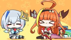 &gt;_&lt; 2girls :o =_= ahoge amane_kanata amane_kanata_(1st_costume) angel angel_wings animated asimo953 black_hairband black_jacket blonde_hair blue_hair blue_neckwear blue_wings blunt_bangs blush bow bowtie box braid breasts brooch cardboard_box chewing chibi cleavage cleavage_cutout closed_eyes clothing_cutout collared_shirt colored_inner_hair detached_wings diagonal-striped_bow dragon_girl dragon_horns dragon_tail eating feathered_wings flapping food fruit full_body gradient_wings hairband halo holding holding_food holding_fruit hololive horn_bow horn_ornament horns jacket jewelry kiryu_coco kiryu_coco_(1st_costume) long_hair long_sleeves miniskirt multicolored_hair multicolored_wings multiple_girls nintendo_switch orange_background orange_hair pleated_skirt pointy_ears red_skirt sailor_collar shirt shoes short_hair side-tie_skirt sidelocks silver_hair single_braid single_hair_intake sitting skirt sparkle star_(symbol) star_halo star_symbol_background strawberry streaked_hair striped_bow tail tail_wagging triangle_mouth turtleneck two-tone_background video virtual_youtuber white_jacket white_shirt white_wings wings yellow_background
