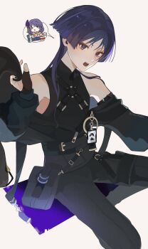 1boy :t absurdres alternate_costume arm_at_side armpit_crease bare_shoulders belt black_belt black_bodysuit black_gloves black_jacket black_nails black_sleeves blunt_ends blush bodysuit chest_harness closed_eyes computer_keyboard contemporary cup eyeliner eyeshadow genshin_impact gloves gold grey_hoodie hair_ornament hand_up harness highres hood hoodie hoyofair id_card jacket leather leather_jacket long_hair long_sleeves looking_at_viewer makeup mandarin_collar nee_madiiiii o-ring o-ring_harness o-ring_thigh_strap off_shoulder open_mouth partially_fingerless_gloves pouch purple_eyes purple_hair raiden_shogun red_eyeliner red_eyeshadow scaramouche_(genshin_impact) sitting spoken_character tassel tassel_hair_ornament teeth thigh_pouch thigh_strap too_many too_many_belts twitter_username upper_teeth_only wanderer_(genshin_impact) white_background wispy_bangs