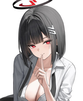 1girl absurdres alternate_hair_length alternate_hairstyle black_hair blue_archive breasts cleavage closed_mouth collared_shirt commentary_request finger_to_mouth halo highres large_breasts red_eyes red_halo rio_(blue_archive) sab_(sab2500) shirt short_hair shushing smile solo unbuttoned unbuttoned_shirt white_shirt