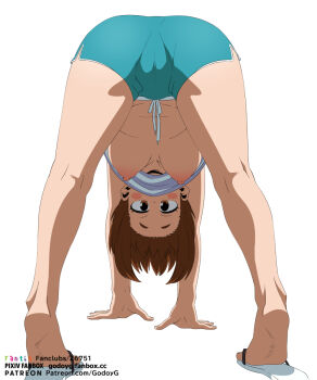 1girl ass ass_focus barefoot boku_no_hero_academia breasts brown_hair cameltoe facing_away feet felipe_godoy female_focus foot_focus from_below hanging_breasts highres looking_at_viewer looking_back medium_breasts nipples smile soles underboob upshirt uraraka_ochako