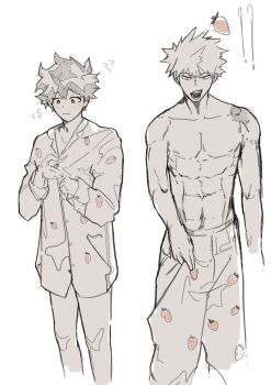 abs b_mieheng bakudeku bakugou_katsuki blush boku_no_hero_academia food_print freckles fruit_print legs messy_hair midoriya_izuku no_pants no_shirt pajamas pectorals scar spiked_hair strawberry_print yaoi