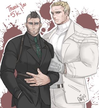 2boys bara beard_stubble black_hair black_suit blonde_hair call_of_duty call_of_duty:_modern_warfare_2 chii_(fwipsart) couple facial_hair feet_out_of_frame formal_clothes ghost_(modern_warfare_2) height_difference highres huge_pectorals husband_and_husband male_focus mature_male milestone_celebration multiple_boys muscular muscular_male mustache_stubble necktie no_mask scar short_hair smile soap_(modern_warfare_2) sparse_stubble standing stubble suit thick_eyebrows undercut white_suit yaoi