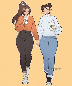 2girls black_pants blue_sweater blush breasts brown_eyes brown_hair capcom celebelian chun-li closed_eyes cup denim double_bun earrings fatal_fury full_body hair_bun hair_ribbon high_ponytail highres holding holding_cup holding_hands jewelry large_breasts long_hair multiple_girls open_mouth pants ponytail red_sweater ribbon shiranui_mai street_fighter sweat sweater yellow_background yellow_ribbon