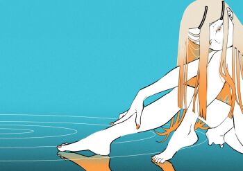 1girl aqua_background barefoot blonde_hair commentary completely_nude covered_mouth feet fingernails flipped_hair gakuen_idolmaster idolmaster long_hair looking_down nail_polish nude ripples saltyacurry shinosawa_hiro simple_background sitting solo toenail_polish toenails toes