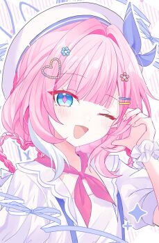 1girl blue_eyes commentary cyrene_(honkai:_star_rail) cyrene_(philia093)_(honkai:_star_rail) cyrene_(philia093)_(keeping_promise)_(honkai:_star_rail) diamond-shaped_pupils diamond_(shape) fingernails hair_ornament hairclip half-heart_hands hand_up hat heart heart_hair_ornament honkai:_star_rail honkai_(series) light_blush looking_at_viewer official_alternate_costume one_eye_closed open_mouth parallel_hairclips pink_hair purple_pupils seno_(senohime) smile solo symbol-shaped_pupils upper_body white_hat