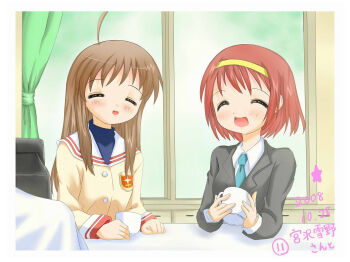 Rule 34 | 00s, 1990s (style), 2girls, ahoge, clannad, crossover, enomoto atsuko, closed eyes, fujieda hiro, hairband, kareshi kanojo no jijou, long hair, miyazawa yukine, miyazawa yukino, multiple girls, name connection, open mouth, school uniform, voice actor connection, short hair, smile