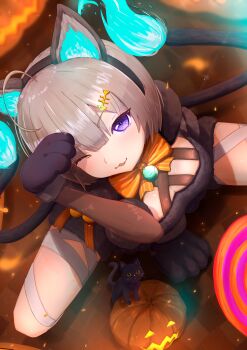 Rule 34 | 1girl, ;3, absurdres, ahoge, animal ear fluff, animal ear hairband, animal ears, animal hands, animal print, bandaged leg, bandages, bell, between legs, black cat, black hairband, blunt bangs, bow, bowtie, breasts, cat, cat ear hairband, cat ears, cat tail, cleavage, colored sclera, commentary, fake animal ears, fake tail, fiery ears, fiery tail, fire, fish hair ornament, fish print, from above, gloves, grey hair, hair ornament, hairband, halloween, halloween costume, hand between legs, hand up, heaven burns red, highres, jack-o'-lantern, jingle bell, knees out of frame, looking at viewer, looking up, minase sumomo, minase sumomo (mischievous black cat), multiple tails, neck bell, nekomata, official alternate costume, one eye closed, open mouth, orange bow, orange bowtie, paw gloves, psy (artist), purple eyes, short hair, slit pupils, small breasts, smile, solo, spread legs, squatting, striped bow, striped bowtie, striped clothes, tail, two tails, v-shaped eyebrows, yellow sclera