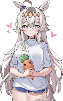 1girl ahoge animal_ears blue_eyes blue_shorts blush breasts carrot closed_mouth ear_ornament eyemethyst grey_hair grey_tail hair_between_eyes hair_ornament hairband heart highres holding horse_ears horse_girl horse_tail long_hair looking_at_viewer medium_breasts multicolored_hair oguri_cap_(umamusume) shirt shorts simple_background solo stuffed_carrot sweatdrop tail umamusume white_background white_shirt