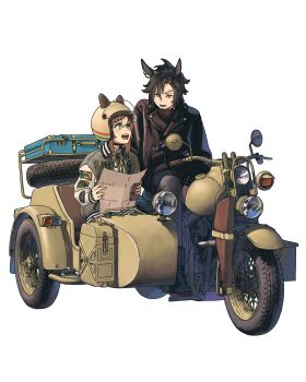 2girls air_shakur_(umamusume) animal_ear_helmet animal_ears animal_helmet badge biker_clothes bow brown_hair crest ear_chain ear_ornament eye_contact eyebrow_piercing face_piercing fine_motion_(umamusume) full_body helmet highres holding holding_map holding_notepad horse_ears horse_girl irish_flag_print jacket jerry_can leather leather_jacket letterman_jacket light_smile linked_piercing looking_at_another looking_down looking_up map mask mask_around_neck moped motor_vehicle motorcycle motorcycle_helmet mouth_mask multicolored_hair multiple_girls notepad open_mouth patch piercing road_trip shirt sidecar simple_background sitting smile spare_tire spikes streaked_hair suitcase takahashi_(user_ctpu5572) talking umamusume unused_tire white_background white_shirt