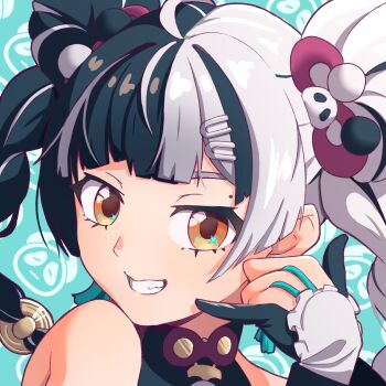 1girl bare_shoulders black_hair braid chinese_clothes dialyn_(zenless_zone_zero) earrings green_background hair_ornament highres jewelry long_hair looking_at_viewer mole multicolored_hair panda_hair_ornament shaka_sign smile solo split-color_hair tea_ramisu white_background white_hair yellow_eyes zenless_zone_zero