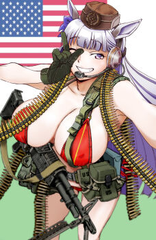 1girl :d alice_gear american_flag ammunition_belt animal_ears belt blunt_bangs bow breasts brown_hat commentary_request covered_erect_nipples ear_covers ear_ribbon gloves gold_ship_(umamusume) green_gloves grin gun hand_up happy_new_year hat headphones headset horse_ears horse_girl huge_breasts long_hair looking_at_viewer m60_(machine_gun) machine_gun nakamura_3sou new_year one_eye_closed open_mouth pillbox_hat pouch purple_bow purple_eyes purple_hair rifle smile solo standing thighs umamusume weapon
