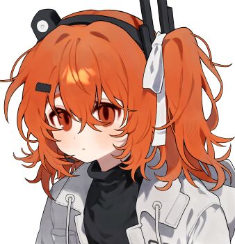 1girl a.i._voice absurdres adachi_rei black_sweater blush closed_mouth commentary drawstring expressionless hair_between_eyes hair_intakes hair_ornament hair_ribbon haru_(ririne9999rine) headset highres jacket medium_hair one_side_up open_clothes open_jacket orange_eyes orange_hair pocket portrait ribbon simple_background solo sweater turtleneck turtleneck_sweater utau white_background white_jacket white_ribbon