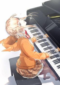 1girl animal_ears animal_hood asakura_karen_(heaven_burns_red) blonde_hair blunt_bangs bow bowtie braid brown_skirt collared_shirt crying crying_with_eyes_open esupuresso fake_animal_ears flying_teardrops grand_piano hair_ribbon hamster heaven_burns_red highres hood hood_down hooded_jacket hoodie instrument jacket long_sleeves looking_up multiple_girls music orange_jacket pantyhose piano plaid_clothes plaid_skirt playing_instrument pleated_skirt red_bow red_bowtie ribbon school_uniform shirt shoes sidelocks simple_background sitting skirt solo solo_focus tears toujou_tsukasa white_background white_ribbon white_shirt