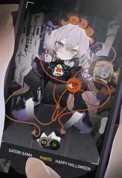 3girls :d alternate_costume bandaged_leg bandages bat_(animal) black_dress black_hat blush bonnet bow castle cellphone cellphone_photo closed_eyes commentary dress english_commentary english_text eyepatch fang flower green_hair green_skirt grid hair_behind_eyewear hair_flower hair_ornament halloween hat hat_bow highres holding holding_phone komeiji_koishi komeiji_satori long_hair looking_at_viewer multiple_girls open_mouth own_hands_together phone pink_eyes pink_hair puffy_short_sleeves puffy_sleeves purple_bow rcs_4 red_flower red_rose reiuji_utsuho rose screen shirt short_hair short_sleeves skin_fang skirt smartphone smile third_eye touhou viewfinder yellow_bow yellow_shirt