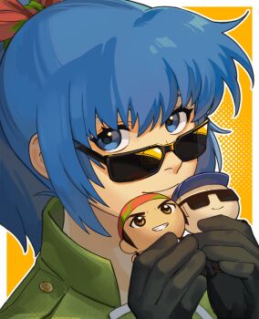 00a3af_231 1girl 2boys bandana blue_eyes blue_hair clark_still collared_shirt gloves green_jacket highres holding holding_stuffed_toy ikari_warriors jacket leona_heidern looking_at_viewer multiple_boys ponytail ralf_jones shirt stuffed_toy sunglasses the_king_of_fighters