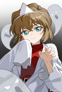 Rule 34 | 1girl, absurdres, belt, bisho imobing hito, black belt, blue eyes, brown hair, claw pose, closed mouth, commentary request, ghost, gradient background, haibara ai, highres, long sleeves, looking at viewer, meitantei conan, red shirt, robe, shirt, short hair, single sleeve past fingers, smile, solo, triangular headpiece, upper body, white robe
