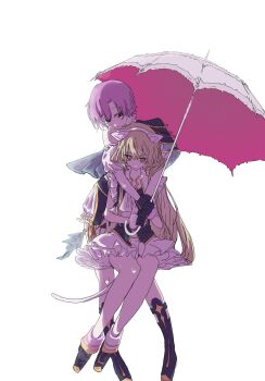 2girls animal_ear_hairband animal_ears ankle_boots black_boots black_capelet black_gloves blonde_hair boots capelet cat_ear_hairband cat_ears cat_tail detached_sleeves fake_animal_ears gloves hairband hashtag-only_commentary highres holding holding_umbrella hug hug_from_behind ienaga_mugi knee_boots long_hair multiple_girls nelli_kaka nijisanji nijisanji_idol_uniform parasol pink_hair pink_umbrella pom_pom_(clothes) short_hair simple_background sitting skirt tail umbrella virtual_youtuber white_background white_skirt yuuhi_riri