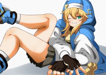 Rule 34 | 1boy, ;), abi ervin, bare legs, black gloves, black skirt, blonde hair, blue boots, blue jacket, boots, bridget (guilty gear), commentary, fingerless gloves, gloves, green eyes, grin, guilty gear, guilty gear strive, hair between eyes, highres, hood, hood up, hooded jacket, jacket, long hair, long sleeves, looking at viewer, male focus, miniskirt, one eye closed, pleated skirt, puffy long sleeves, puffy sleeves, simple background, skirt, smile, socks, solo, trap, white background, white socks