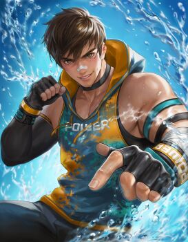 1boy absurdres bandaid bandaid_on_face bandaid_on_nose black_choker black_gloves black_pants brown_hair choker clenched_hand commentary commission fingerless_gloves fingernails gloves highres hood hood_down hoodie kiro_(kirostyle) looking_at_viewer male_focus original pants parted_lips pectoral_cleavage pectorals sabertoon_artt short_hair sidepec sleeveless sleeveless_hoodie solo splashing teeth water wet