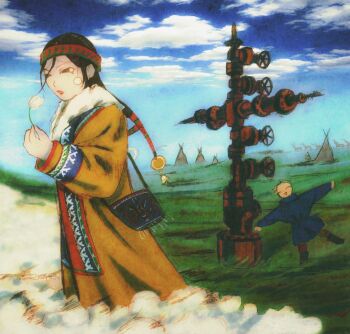 1boy 1girl blue_sky cloud cloudy_sky dandelion dandelion_seed flower grass grasslands headdress highres lonesomnia native_american native_american_clothes native_american_headdress original plant scenery sky tent totem valve