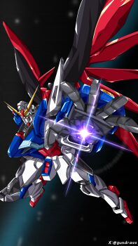 Rule 34 | absurdres, commentary, destiny gundam, energy weapon, glowing, green eyes, gundam, gundam seed, gundam seed destiny, gundrass, highres, looking at viewer, mecha, mecha focus, mechanical wings, mobile suit, no humans, robot, science fiction, solo, space, v-fin, wings