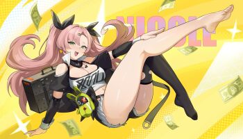 1girl absurdres amillion_(zenless_zone_zero) barefoot black_ribbon black_shorts breasts character_name clothing_cutout crop_top earrings feet hair_ornament hairclip heart heart_earrings heart_necklace highres jewelry long_hair micro_shorts mole mole_on_breast mole_under_eye money necklace nicole_demara open_mouth otakueden1995 pink_hair ribbon shorts shoulder_cutout single_thighhigh sitting solo sparkle stuffed_toy suitcase thighhighs toes torn_clothes torn_thighhighs twintails yellow_background zenless_zone_zero