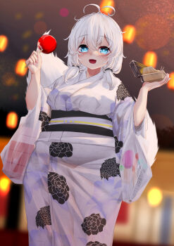 Rule 34 | 1girl, antenna hair, bad id, bad pixiv id, bag, blue eyes, blush, breasts, brown background, candy apple, commentary request, cowboy shot, dress, floral print, food, hair between eyes, highres, holding, holding bag, holding candy apple, holding food, japanese clothes, long hair, looking at viewer, mochiko-san (voicevox), ne an ito, open mouth, plastic bag, solo, tareme, voicevox, white hair, white tail