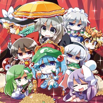 3: 3:&lt; 6+girls =_= akaneya alcohol anger_vein angry animal_ears blonde_hair blue_eyes blue_gemstone blue_hair brown_hair chain champagne chibi clenched_hand closed_eyes coin crossed_legs cucumber cup d: d:&lt; diamond_(gemstone) drinking_glass frown gem gold gold_chain green_gemstone green_hair grey_eyes grey_hair grin hakurei_reimu hat izayoi_sakuya jewelry jitome kawashiro_nitori kirisame_marisa kochiya_sanae konpaku_youmu mononobe_no_futo mouth_hold multicolored_hair multiple_girls necklace nervous_smile open_mouth parasol plate purple_hair rabbit_ears reisen_udongein_inaba sack shaded_face shoot_shoot_nitori sitting smile smug sparkle streaked_hair sweat theft throne toramaru_shou touhou treasure turn_pale two_side_up umbrella unamused v-shaped_eyebrows wavy_mouth white_hair wine_glass yellow_eyes yin_yang