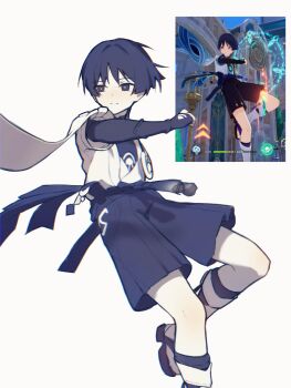 1boy black_eyes black_hair blunt_ends bow bridal_legwear bright_pupils closed_mouth clothing_cutout derivative_work expressionless fighting_stance furisode game_screenshot_inset gem genshin_impact greyscale hakama hakama_shorts hatsuka_020 highres hip_vent japanese_clothes kimono leg_warmers looking_to_the_side male_focus monochrome pleated_shorts sandals scaramouche_(genshin_impact) short_sleeves shorts solo split_mouth stirrup_legwear tassel toeless_legwear tsurime vision_(genshin_impact) wanderer_(genshin_impact) white_background white_pupils wispy_bangs zouri