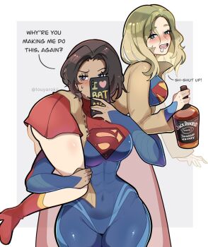 2girls black_hair blonde_hair blue_bodysuit blue_eyes blush bodysuit boots bottle breasts brown_coat cape carrying_over_shoulder cellphone coat commentary covered_abs covered_navel dc_comics dc_extended_universe dc_universe_(franchise) drooling drunk english_commentary english_text eyelashes high_heel_boots high_heels highres holding holding_bottle holding_phone jack_daniel&#039;s long_hair long_sleeves multiple_girls open_clothes open_coat open_mouth phone red_boots red_skirt selfie short_hair skirt smartphone supergirl superman_(2025) superman_(series) superman_logo sweat teeth the_flash_(movie) touyarokii twitter_username yuri
