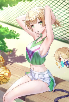 Rule 34 | 1girl, blonde hair, cheerleader, chibi, commentary request, green eyes, heaven burns red, highres, kayamori ruka, looking at viewer, mkhc01, nanase nanami (heaven burns red), navel, short hair, sitting, tying hair