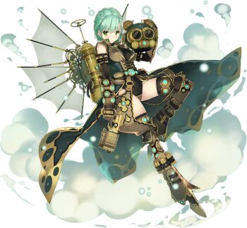 1girl artist_request bad_source blush breasts cape full_body game_cg gears green_eyes green_hair helmet holding holding_unworn_helmet holding_weapon krehl_(sennen_sensou_aigis) official_art oxygen_tank sennen_sensou_aigis short_hair solo steampunk thighs third-party_source transparent_background unworn_helmet weapon