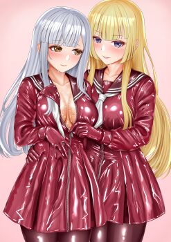2girls adapted_costume arm_around_waist assault_lily blonde_hair blunt_bangs blush breasts brown_pantyhose brown_sailor_collar closed_mouth collarbone commentary_request cowboy_shot dress gloves grey_hair hand_on_another&#039;s_hip hand_up hands_up highres imai_tomohiro kanba_girls_high_school_uniform kon_kanaho large_breasts latex latex_dress latex_gloves long_hair long_sleeves looking_at_another looking_at_viewer looking_to_the_side miyagawa_takane multiple_girls necktie pantyhose parted_lips pink_background purple_eyes raised_eyebrows red_dress red_gloves sailor_collar school_uniform serafuku short_necktie sidelocks sideways_glance simple_background standing sweat undressing_another unzipping very_long_hair white_necktie yellow_eyes yuri zipper zipper_pull_tab