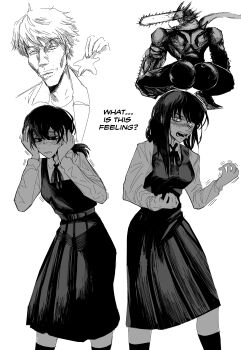 2boys 2girls ass blush breasts broly_culo_(meme) chainsaw chainsaw_devil chainsaw_man denji_(chainsaw_man) dress english_text fourth_east_high_school_uniform greyscale hands_on_own_cheeks hands_on_own_face heartbreak_juan highres kazuya_guy_(meme) medium_breasts medium_dress meme mitaka_asa monochrome multiple_boys multiple_girls open_mouth pinafore_dress pleated_dress ponytail scar scar_on_face scar_on_nose scarf school_uniform sleeveless sleeveless_dress socks starfish sweat trembling yoru_(chainsaw_man)