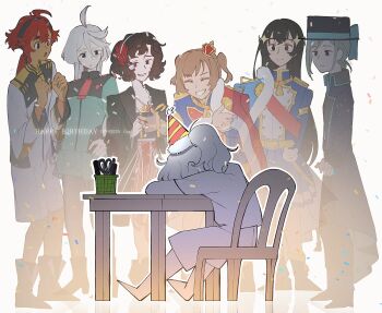 6+girls ahoge aijou_karen artist_self-insert asticassia_school_uniform black_boots black_coat black_hair black_hairband black_hat black_jacket black_pantyhose blue_jacket blue_skirt boots brown_hair closed_eyes closed_mouth coat commentary confetti crossover crown dated english_commentary epaulettes green_jacket green_shorts grey_hair grin gundam gundam_suisei_no_majo hairband happy_birthday hat highres jacket jacket_on_shoulders kagura_hikari ling_(chaaaaanhikari) long_hair long_sleeves looking_at_another mini_crown miorine_rembran multiple_girls original pantyhose party_hat pleated_skirt ponytail red_hair red_jacket red_sash reverse:1999 sash schneider_(reverse:1999) school_uniform scissors shorts shoujo_kageki_revue_starlight simple_background sitting skirt smile standing suletta_mercury table two_side_up vertin_(reverse:1999) white_background white_hair white_jacket white_shorts