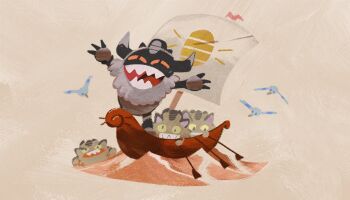 boat claws commentary cross-eyed earrings evolutionary_line flying galarian_form galarian_meowth gen_3_pokemon gen_8_pokemon holding holding_oar horns jewelry louie_zong nintendo no_humans oar open_mouth perrserker pokemon pokemon_(creature) pokemon_focus rowing sailboat sharp_teeth ship smile standing teeth water watercraft wingull