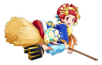 Rule 34 | 1girl, :d, absurdres, artist request, blue kimono, broom, broom riding, cotton (character), cotton (game), datehyogo, full body, hair ornament, highres, japanese clothes, kanzashi, kimono, koma-geta, layered kimono, looking at viewer, manaita obi, matsuba kanzashi, nihongami, official alternate costume, official alternate hairstyle, official art, oiran, open mouth, platform clogs, red eyes, red hair, smile, solo, third-party source, transparent background