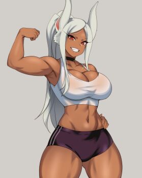 1girl :d animal_ears arm_up armpits bare_shoulders black_choker black_shorts boku_no_hero_academia breasts choker cleavage clenched_hand collarbone cowboy_shot crop_top dark-skinned_female dark_skin flexing gluteal_fold hand_on_own_hip hevn highres large_breasts long_eyelashes long_hair looking_at_viewer midriff mirko navel open_mouth parted_bangs ponytail rabbit_ears rabbit_girl red_eyes short_shorts shorts smile solo stomach tank_top teeth thighs toned white_hair white_tank_top