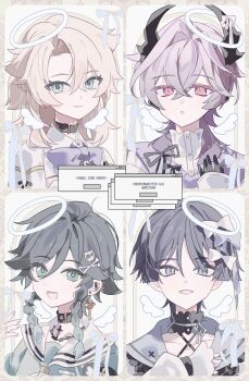 Rule 34 | 4boys, albedo (genshin impact), blonde hair, blue hair, bow, collar, dragon boy, dragon horns, durin (genshin impact), genshin impact, green hair, hair ornament, halo, hashtag-only commentary, highres, horns, multiple boys, punch (punchrecipe), purple hair, scar, scar on neck, scaramouche (genshin impact), skull hair ornament, venti (genshin impact), wanderer (genshin impact), white halo