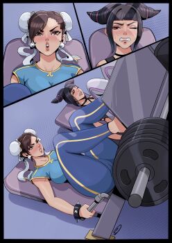 2girls alternate_costume ass black_hair blue_pants blue_shirt bracelet breasts brown_eyes brown_hair bun_cover cameltoe camisole capcom chun-li double_bun earrings exercising hair_bun hair_horns han_juri jewelry leg_press_machine leggings multiple_girls one_eye_closed pants pushing ribbon shirt spiked_bracelet spikes street_fighter struggling sweat teeth tight_clothes tight_pants track_pants weightlifting weights white_pants working_out