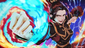 1girl artist_name avatar:_the_last_airbender avatar_legends azula black_hair blue_fire brown_eyes clenched_hand electricity electrokinesis element_bending fighting_stance fire hair_bun hair_ornament highres lightning magion02 open_mouth parted_bangs patreon_username pyrokinesis single_hair_bun smile solo