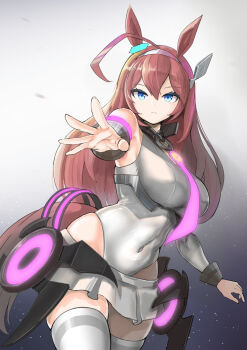 Rule 34 | 1girl, ahoge, animal ears, bare shoulders, blue eyes, breasts, brown hair, closed mouth, commentary request, covered navel, detached sleeves, grey hairband, grey leotard, grey skirt, grey sleeves, hair between eyes, hairband, highleg, highleg leotard, highres, horse ears, horse girl, horse tail, kyuusanshiki, large breasts, leotard, long hair, looking at viewer, lowleg, lowleg skirt, mihono bourbon (mb-19890425) (umamusume), mihono bourbon (umamusume), necktie, outstretched arm, pink necktie, silver hairband, skirt, solo, tail, thighhighs, umamusume, white leotard, white thighhighs