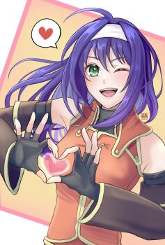 1girl ;d ahoge armpits black_gloves blush breasts detached_sleeves dress fingerless_gloves fire_emblem fire_emblem:_path_of_radiance four-finger_heart_hands gloves green_eyes hairband heart heart_hands highres kousetu0506 long_hair long_sleeves looking_at_viewer medium_breasts mia_(fire_emblem) nintendo one_eye_closed open_mouth orange_dress purple_hair smile solo spoken_heart upper_body white_hairband wide_sleeves