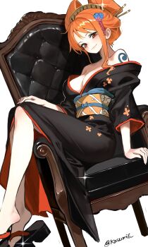 Rule 34 | 1girl, absurdres, arm support, armchair, bare legs, bare shoulders, black kimono, blush, breasts, brown eyes, chair, cleavage, closed mouth, commentary, floral print, floral print kimono, glint, hair ornament, hair up, highres, japanese clothes, kasumi 6, kimono, large breasts, long hair, looking at viewer, nami (one piece), obi, oiran, on chair, one piece, orange hair, print kimono, sandals, sash, shoulder tattoo, single sidelock, sitting, smile, solo, tattoo, twitter username, wavy hair, white background, yellow sash